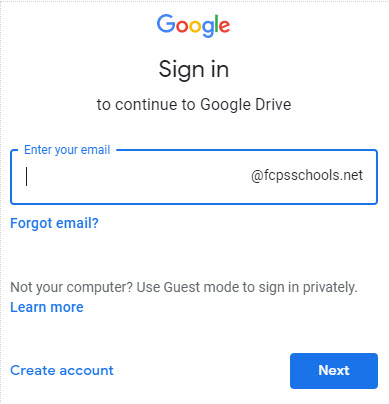 Image of google sign in window with @fcpsschools.net in the "Enter your email" field.